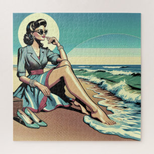 Quebra-cabeça Mulher retrô de 1950 sentada na praia