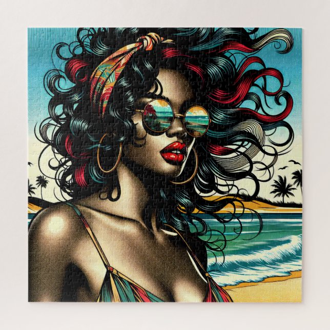 Quebra-cabeça Mulher Retro na Praia Estilo Cômico Pop Art (Vertical)