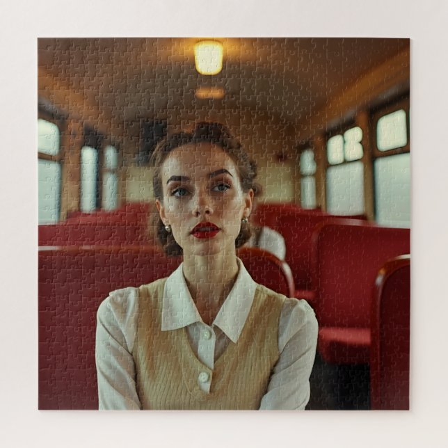 Quebra-cabeça Mulher retrô vintage no trem (Vertical)