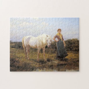 Quebra-cabeça Mulher rural levando um cavalo branco à água