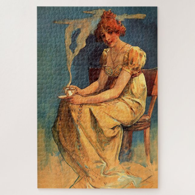 Quebra-cabeça Mulher Sentada com Xícara de Café - Alphonse Mucha (Vertical)