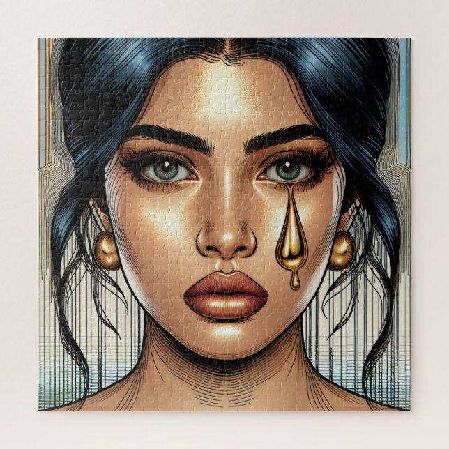 Quebra-cabeça Mulher Triste e Bonita com Lágrima de Ouro (Vertical)