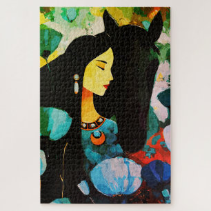 Quebra-cabeça Mulher Turquesa e Pintura de Cavalo