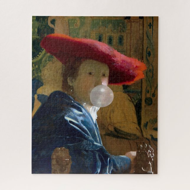 Quebra-cabeça Mulher usando um chapéu vermelho soprando chiclete (Vertical)