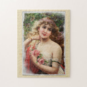 Quebra-cabeça Mulher vitoriana aflita com rosas rosa