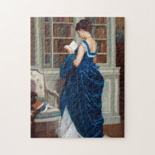 Quebra-cabeça Mulher Vitoriana Elegante Lendo na Biblioteca