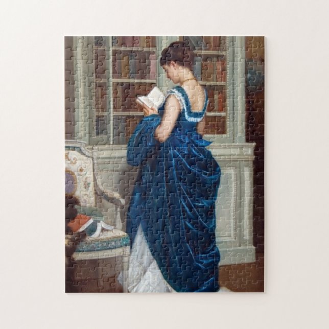 Quebra-cabeça Mulher Vitoriana Elegante Lendo na Biblioteca (Vertical)