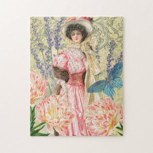 Quebra-cabeça Mulher Vitoriana Floral Rosa Regência