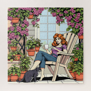 Quebra-cabeça Mulheres com Café, Gato e Plantas