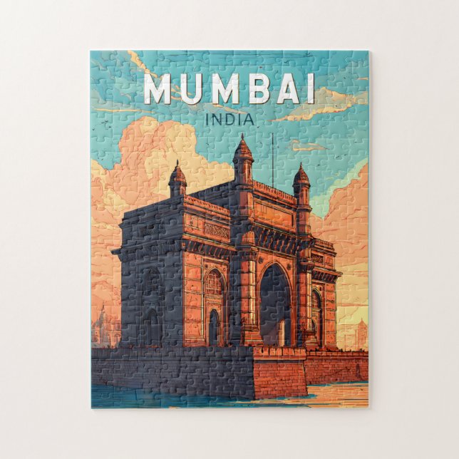 Quebra-cabeça Mumbai India Illustração Viagem Art Vintage (Vertical)