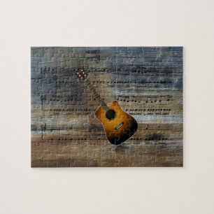 Quebra-cabeça Música acústica de Guitar~Sheet no fundo de