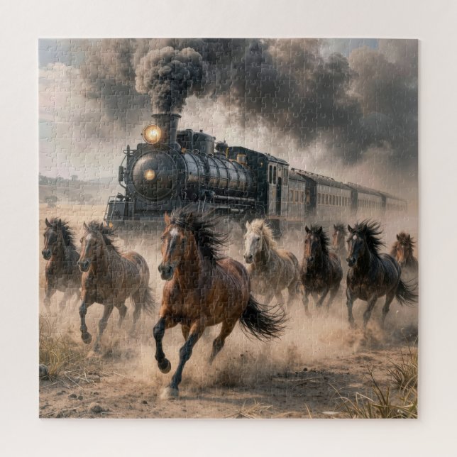 Quebra-cabeça Mustangs Selvagens Correndo ao Lado de Trem Antigo (Vertical)