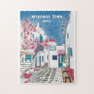 Quebra-cabeça Mykonos Grécia Arte de Viagem Colorida