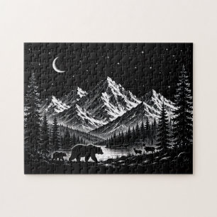 Quebra-cabeça Mystic Mountain Wilderness Night Linocut Estilo
