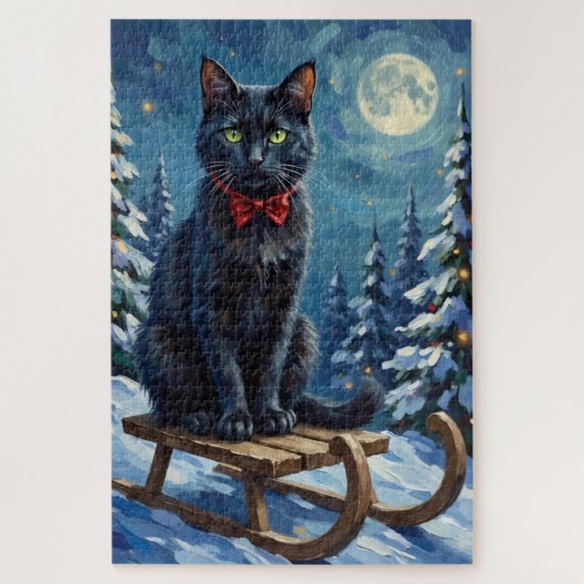Quebra-cabeça Mystical Black Cat Enchanted Winter Sled Christmas (Vertical)