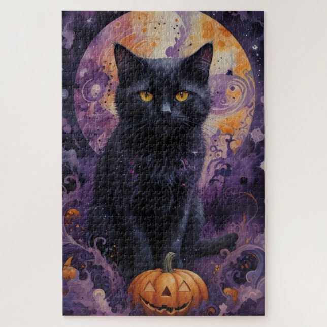Quebra-cabeça Mystical Black Cat Halloween Pumpkins Luar (Vertical)