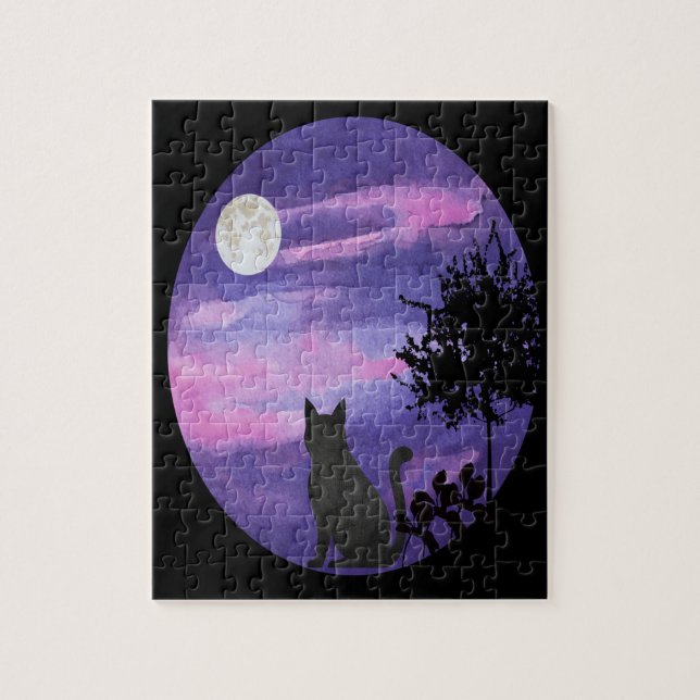 Quebra-cabeça Mystical Cat Under Moon – Dreamy Purple Night Wate (Vertical)