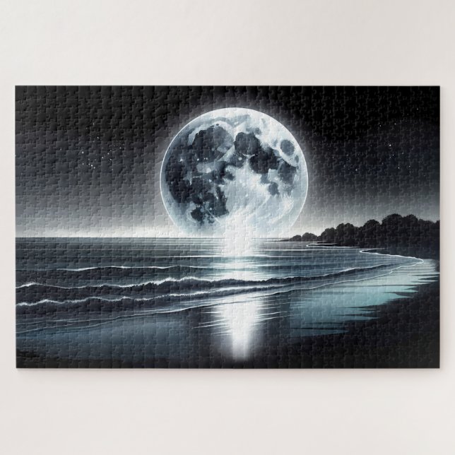 Quebra-cabeça Nascer da Lua Surreal Sobre a Costa do Oceano Tran (Horizontal)