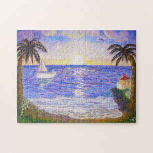 Quebra-cabeça Nascer do sol no oceano, paisagem costeira, arte d