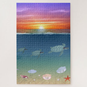 Quebra-cabeça Nascer do sol no oceano, tartarugas, estrelas, con