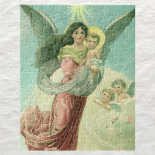 Quebra-cabeça Natais vintages, Anjo Vitoriano com Jesus Bebê