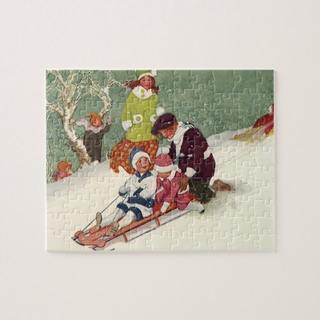Quebra-cabeça Natal Antigo, Crianças Puxando Trenó na Neve (Horizontal)