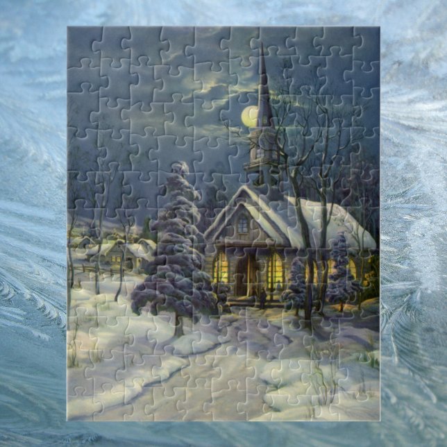 Quebra-cabeça Natal Antigo, Igreja de Inverno na Neve com Lua (Criador carregado)