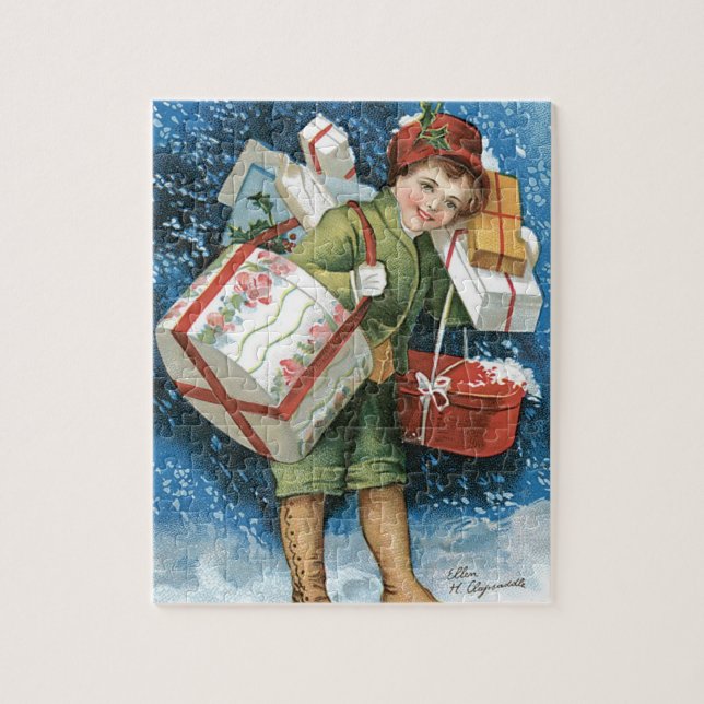 Quebra-cabeça Natal Antigo, Menina com Presentes na Neve de Inve (Vertical)