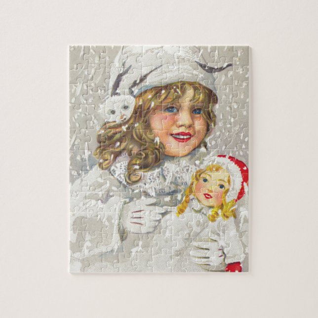 Quebra-cabeça Natal Antigo Menina Vitoriana com Boneca na Neve (Vertical)