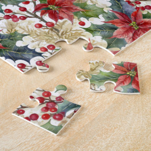 Quebra-cabeça Natal com padrão de poinsettia e azevinho em aquar