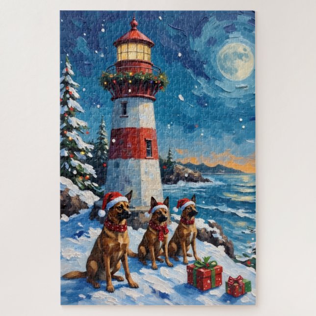 Quebra-cabeça Natal da Lâmpada do Malinois Belga de Férias (Vertical)