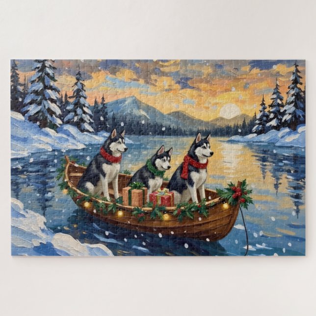 Quebra-cabeça Natal de barco com Husky Siberiano (Horizontal)