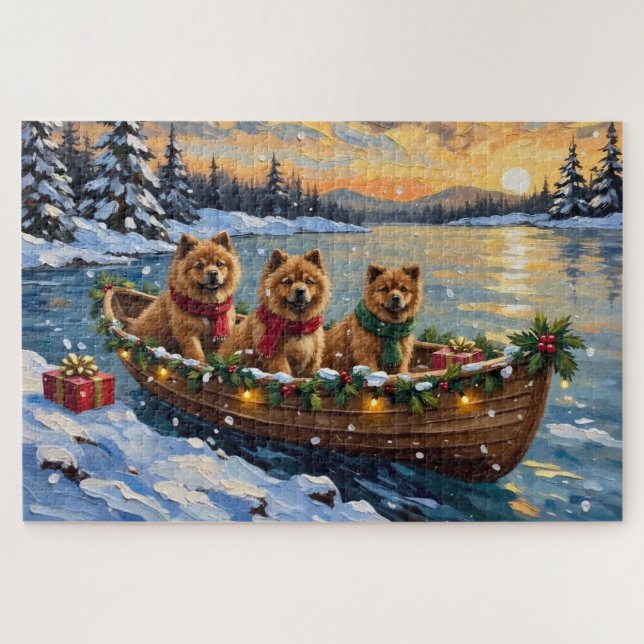 Quebra-cabeça Natal de barco de Chow Chow (Horizontal)