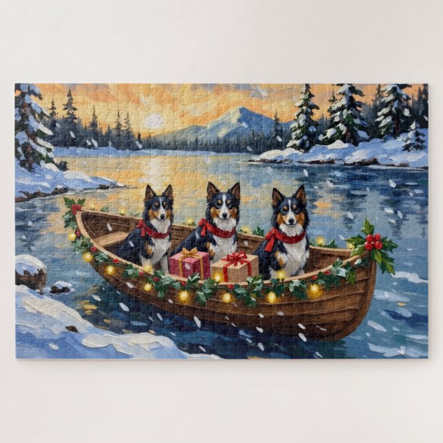 Quebra-cabeça Natal de barco de Rough Collie no feriado (Horizontal)