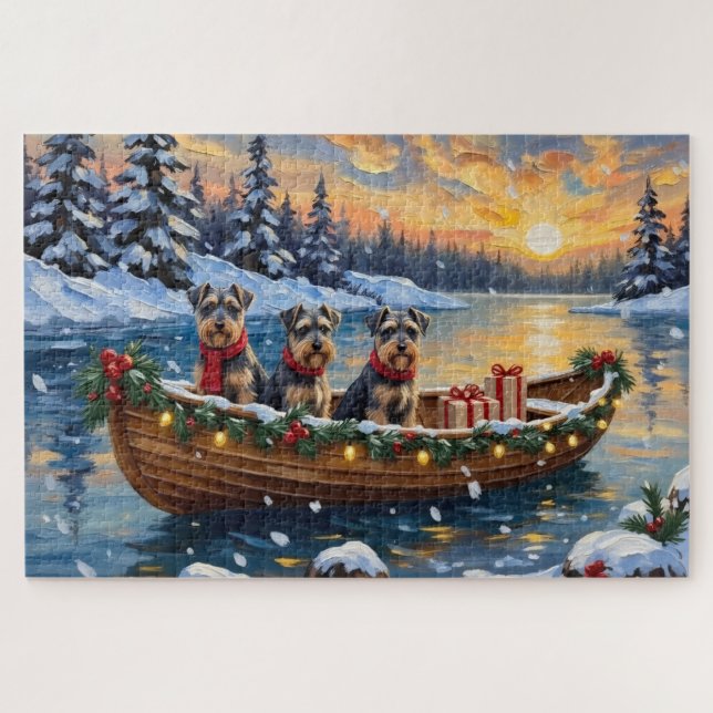 Quebra-cabeça Natal de barco de Schnauzer no feriado (Horizontal)