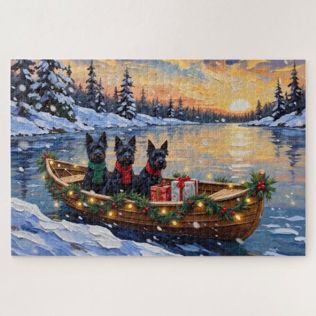 Quebra-cabeça Natal de Barco do Terrier Escocês no Natal (Horizontal)