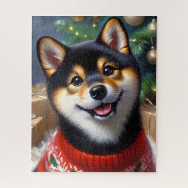 Quebra-cabeça Natal de Shiba Inu Preto e Tan (Vertical)