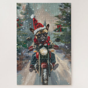 Quebra-cabeça Natal do Buldogue Francês Andando Motocicleta