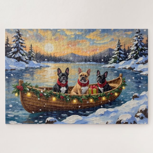 Quebra-cabeça Natal no barco com French Bulldog (Horizontal)
