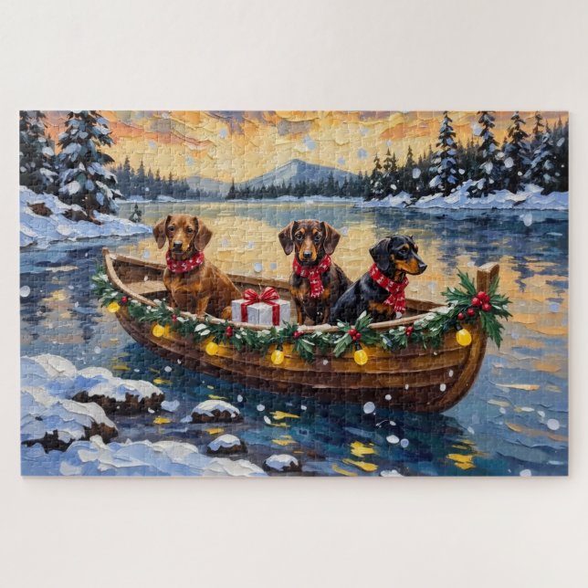 Quebra-cabeça Natal no Barco do Dachshund (Horizontal)