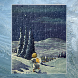 Quebra-cabeça Natal vintage, anjo da neve que anda com uma