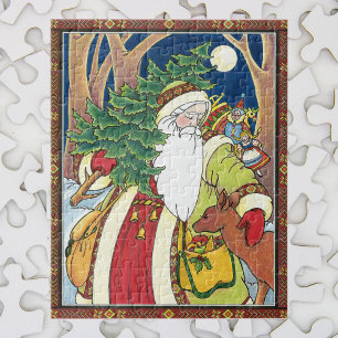 Quebra-cabeça Natal vintage, cervos de Papai Noel na floresta