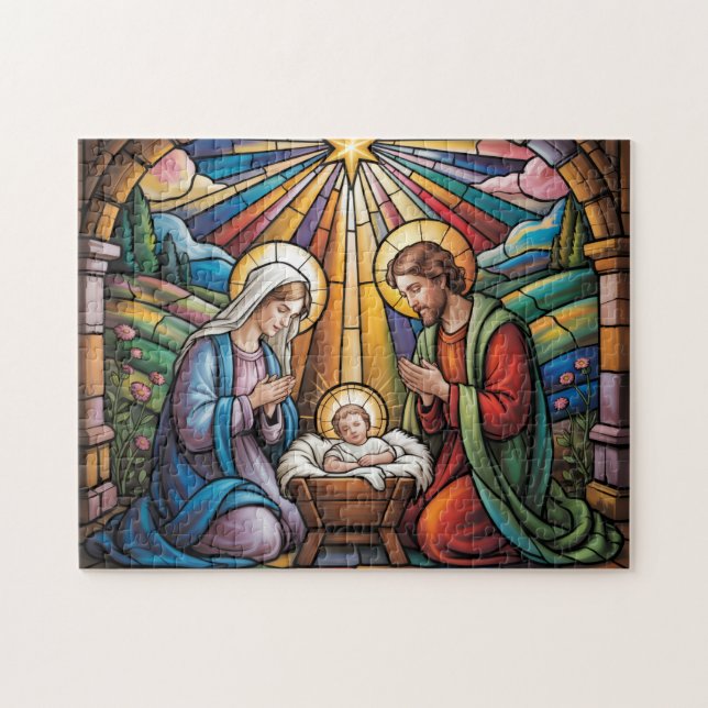 Quebra-cabeça Nativity Stained Glass Art – Holy Family Christmas (Horizontal)