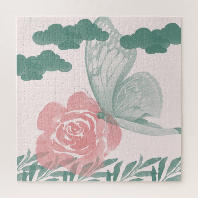 Quebra-cabeça Natureza Da Aquarela Pensada Com Flor Teal E Rosa (Vertical)