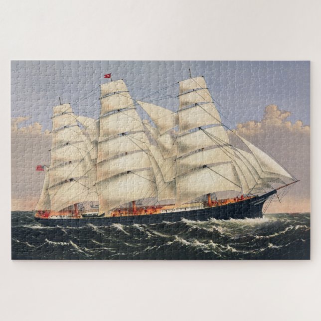 Quebra-cabeça Navio à Vela Náutico Antigo Currier & Ives (Horizontal)