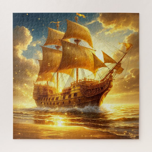 Quebra-cabeça Navio Dourado à Vela no Mar do Pôr do Sol (Vertical)