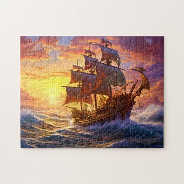Quebra-cabeça Navio no pôr do sol dourado Tempestade Fantasia Pi (Horizontal)