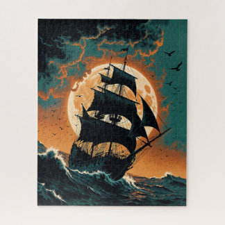 Quebra-cabeça Navio Pirata Iluminado pela Lua em Mares Tempestuo