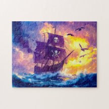 Navio pirata navegando até o pôr do sol em mar abe