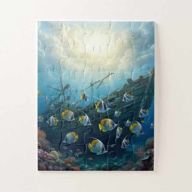 Quebra-cabeça Navio solto e escola de peixes (Vertical)